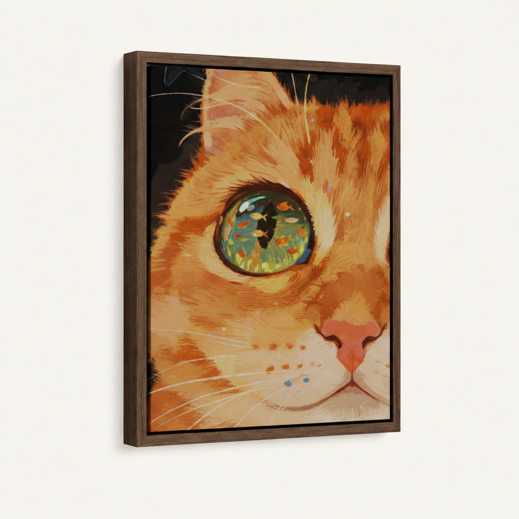 Orange tabby cat eye canvas print in dark walnut float frame on off-white wall, angled side view
