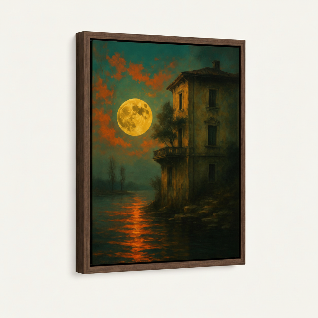 Framed vintage night scene canvas in dark walnut float frame shown at angle on off-white background