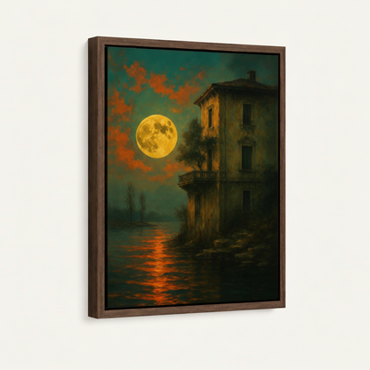 Framed vintage night scene canvas in dark walnut float frame shown at angle on off-white background