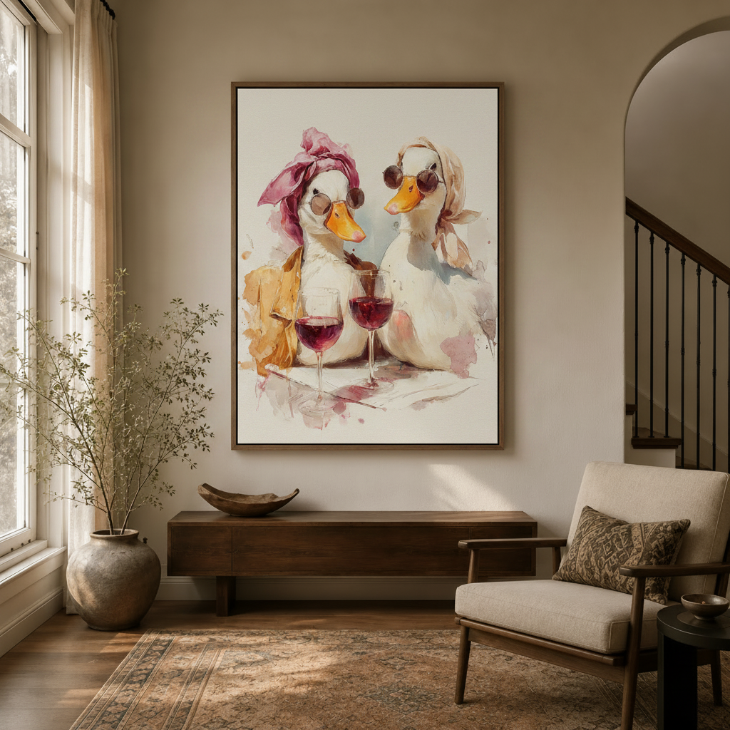 Whimsical duck canvas art in warm entryway with arched doorway