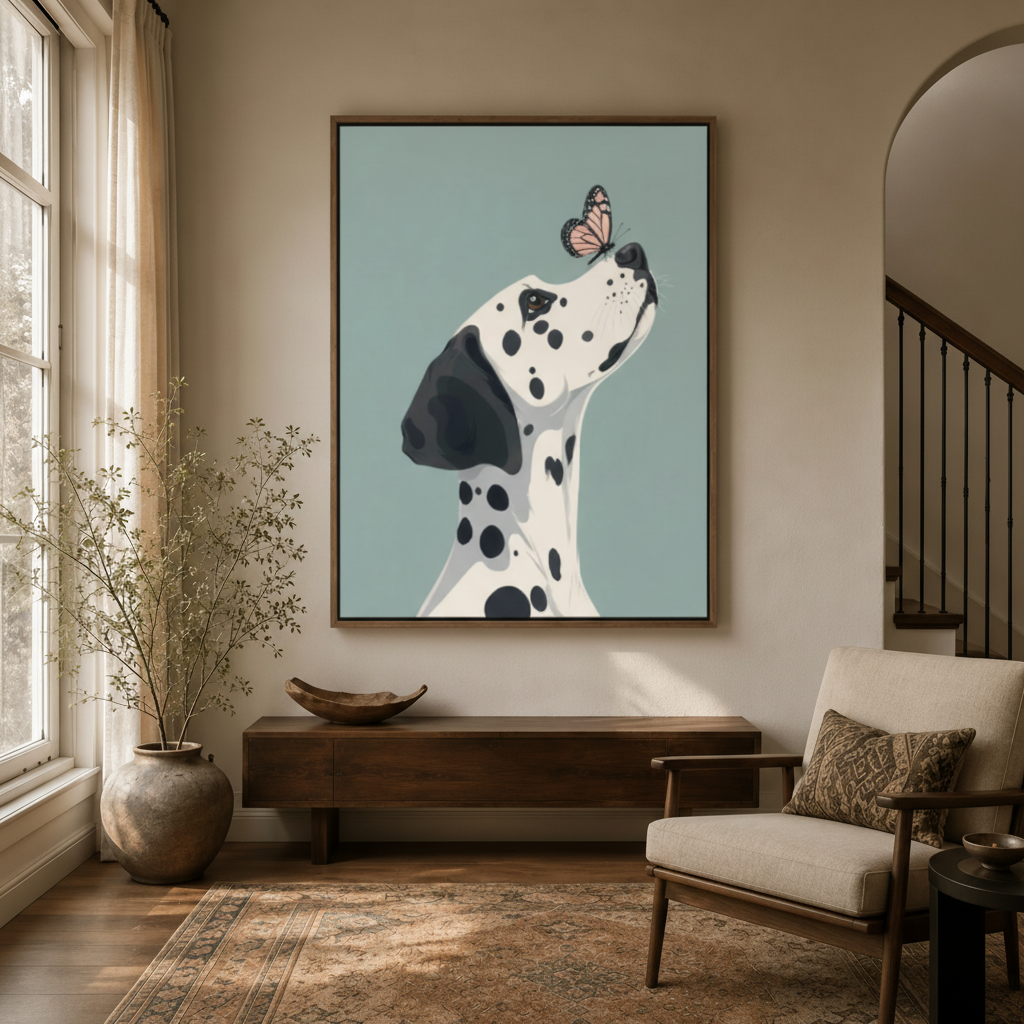 Large framed Dalmatian butterfly canvas art above a console table in a warm neutral entryway with staircase