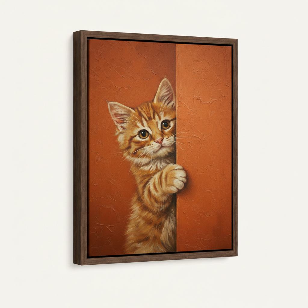 Cute cat peeking oil painting in dark walnut float frame on white background