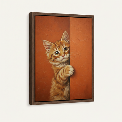 Cute cat peeking oil painting in dark walnut float frame on white background