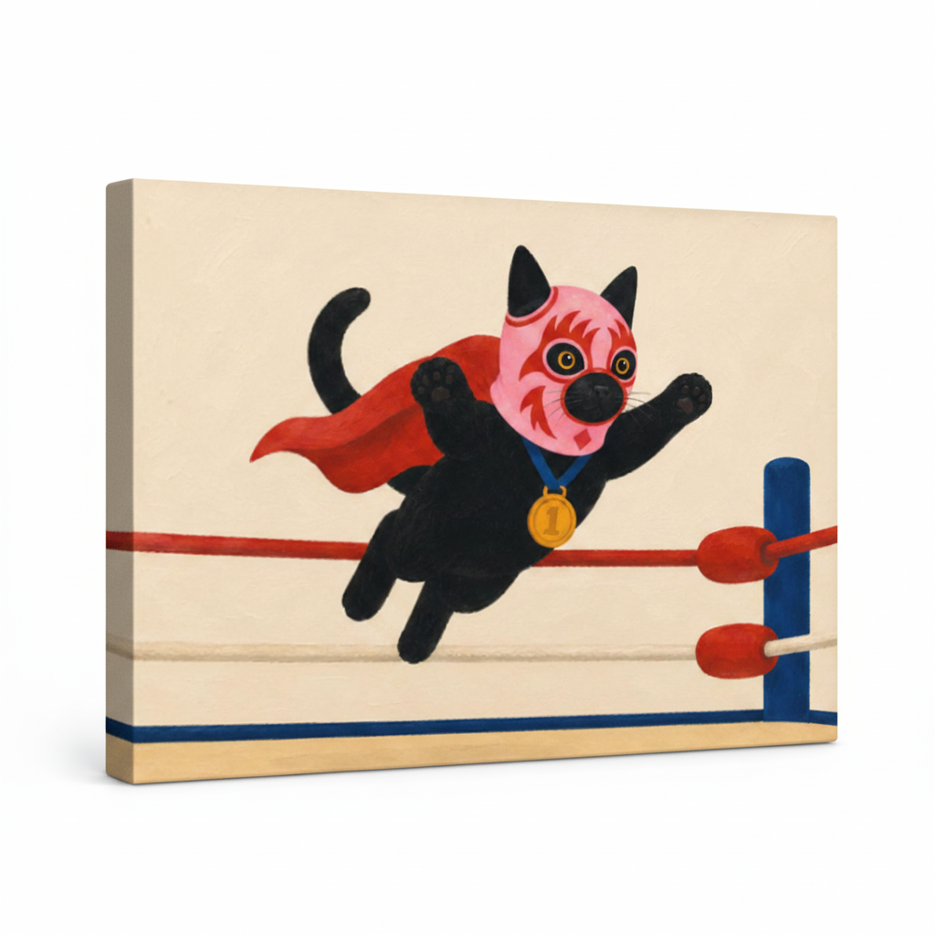 Gallery-wrapped canvas of lucha cat wall art, side angle showing canvas depth and bold brushwork