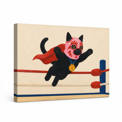 Gallery-wrapped canvas of lucha cat wall art, side angle showing canvas depth and bold brushwork