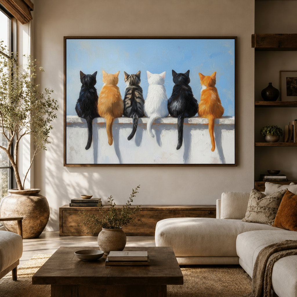 Six cats impasto canvas art displayed above console in bright Japandi living room with white sofa