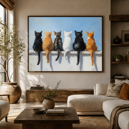 Six cats impasto canvas art displayed above console in bright Japandi living room with white sofa