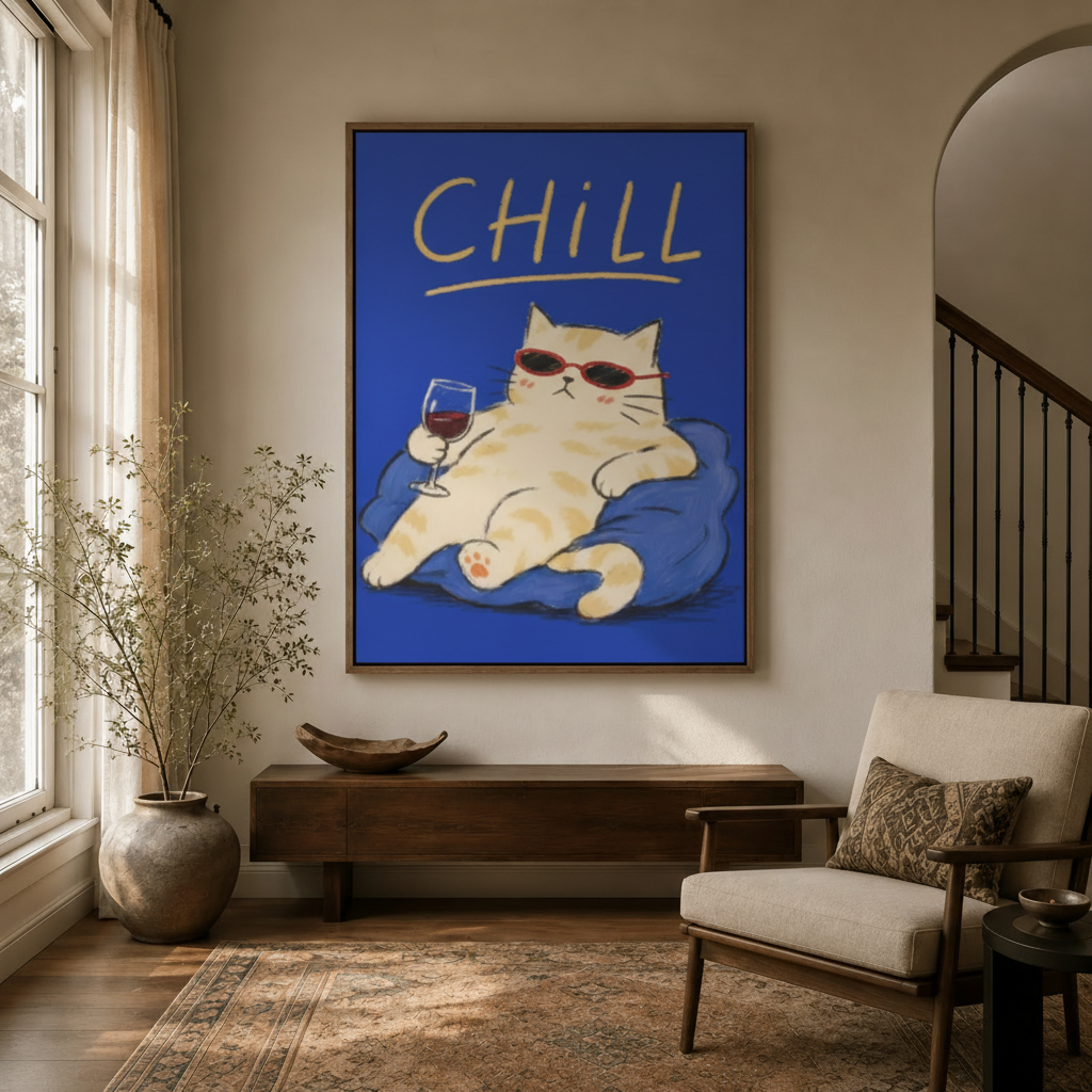 Chill cat sunglasses blue graphic canvas in walnut frame displayed in bright entryway above console