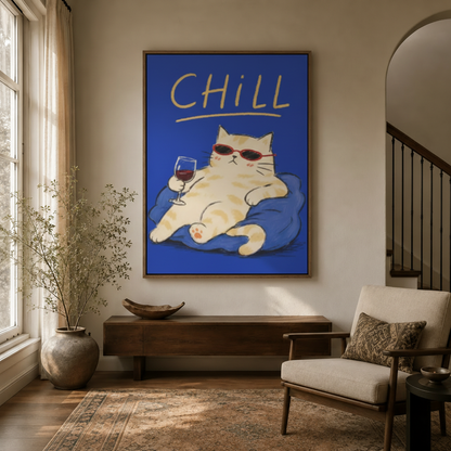 Chill cat sunglasses blue graphic canvas in walnut frame displayed in bright entryway above console