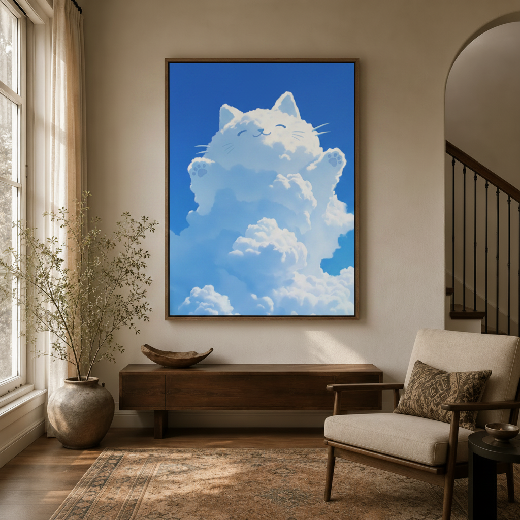 Cheerful cloud cat smiling canvas in walnut float frame in bright airy modern entryway