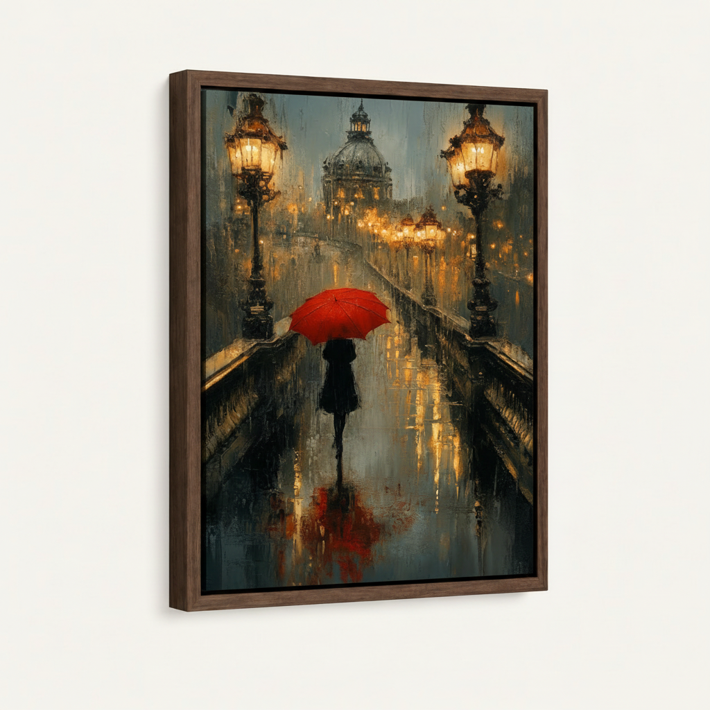 Framed Paris oil painting with walnut floating frame on off-white background side view