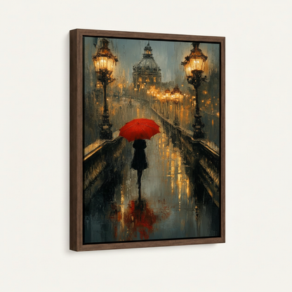 Framed Paris oil painting with walnut floating frame on off-white background side view