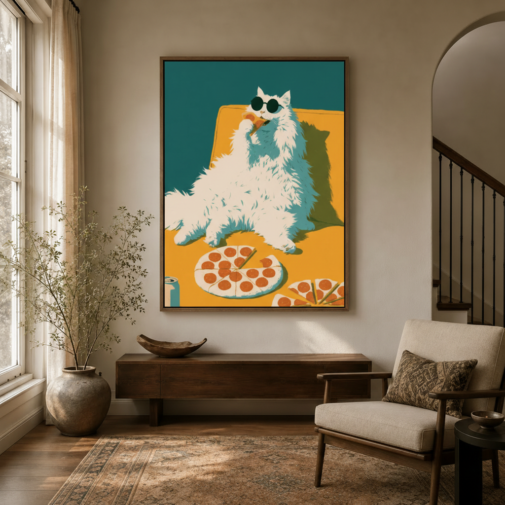 Cool cat pizza retro illustration canvas displayed in bright entryway foyer with arched doorway