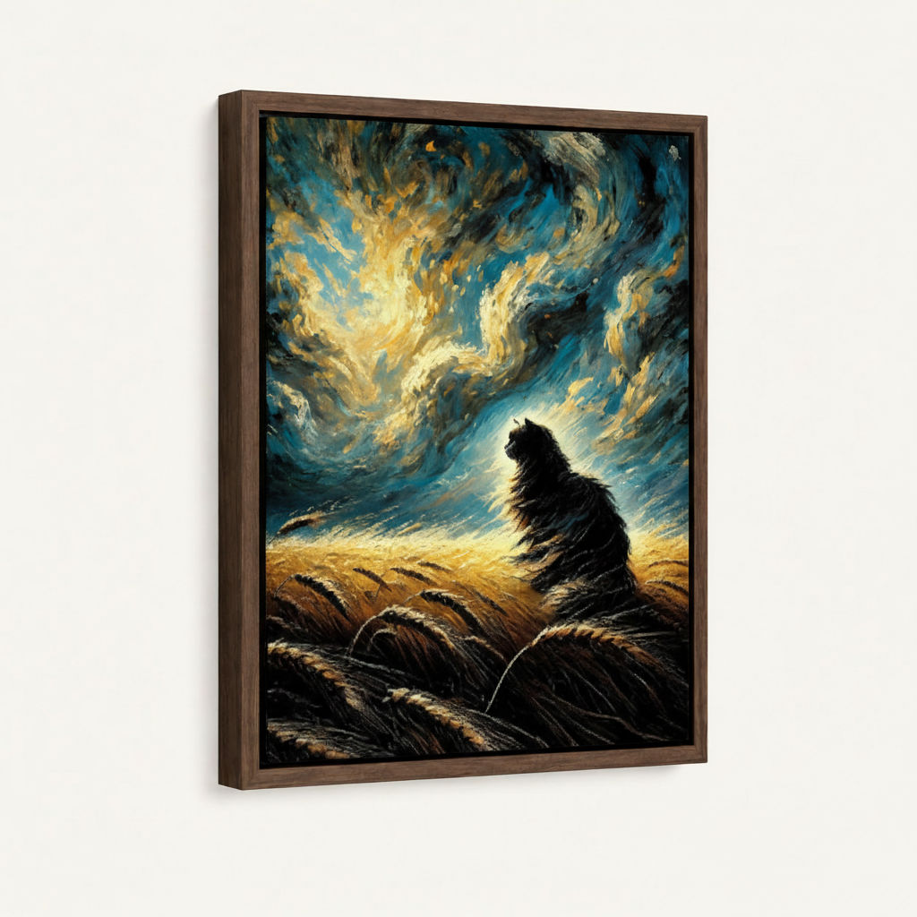 Framed black cat wheat field canvas in dark walnut float frame shown at angle on off-white background