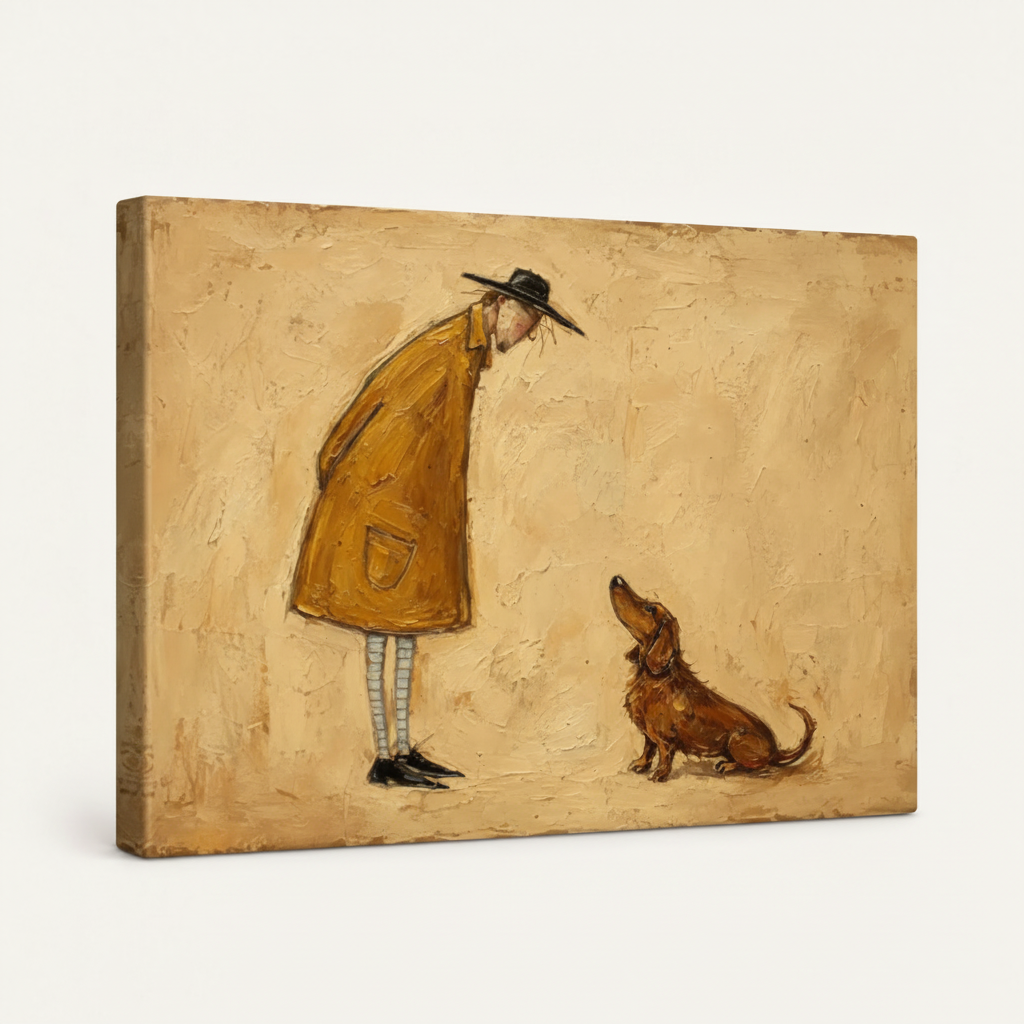 Gallery-wrapped dachshund canvas wall art featuring a yellow-coat man and his dog, shown at an angle on white.