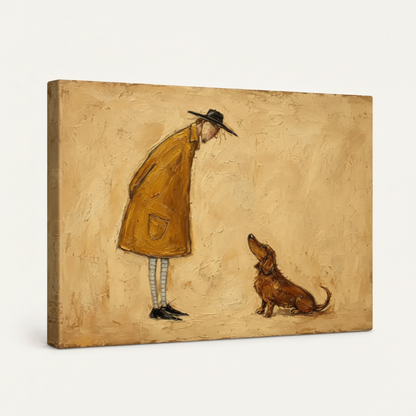 Gallery-wrapped dachshund canvas wall art featuring a yellow-coat man and his dog, shown at an angle on white.