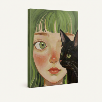 Gallery-wrapped girl and black cat canvas showing brushstroke texture and painted edges on white background