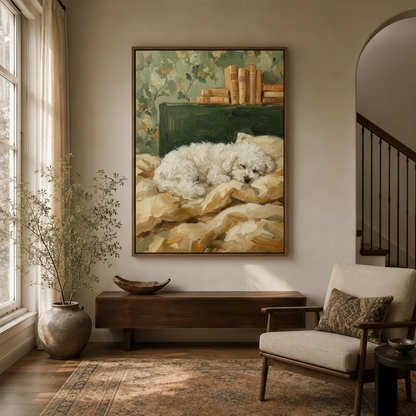 Cozy white puppy sleeping by vintage bookshelf canvas displayed in bright entryway foyer with arched doorway