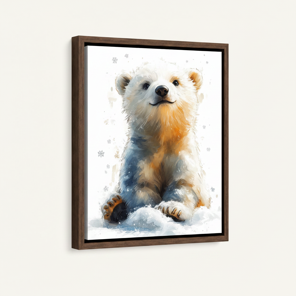 Framed canvas front view of fluffy polar bear cub sitting in snow, warm golden and icy blue tones