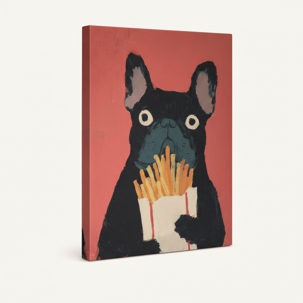 Gallery-wrapped French Bulldog fries canvas showing thick stretcher bar depth on cream background