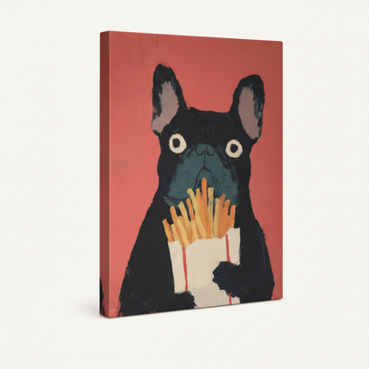 Gallery-wrapped French Bulldog fries canvas showing thick stretcher bar depth on cream background