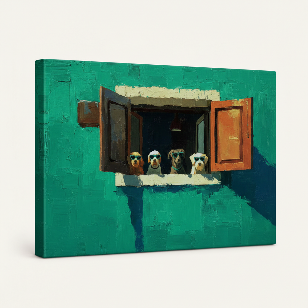 Gallery-wrapped funny dogs canvas print shown at angle revealing thick canvas sides