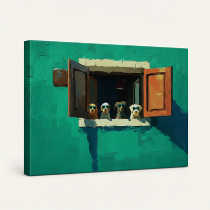 Gallery-wrapped funny dogs canvas print shown at angle revealing thick canvas sides