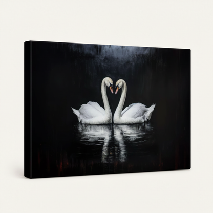 Gallery wrapped swan heart canvas print side angle view on white background