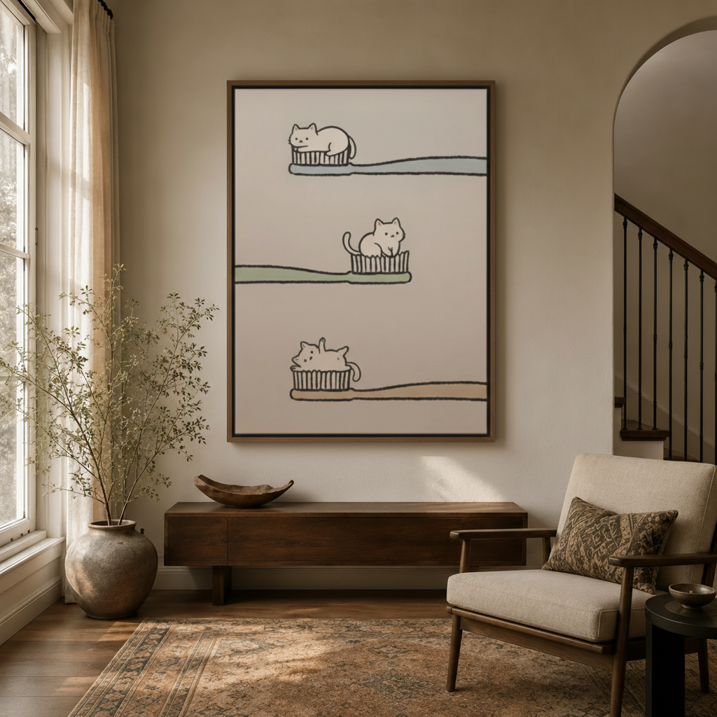 Minimalist cat toothbrush canvas in walnut float frame displayed in bright modern entryway