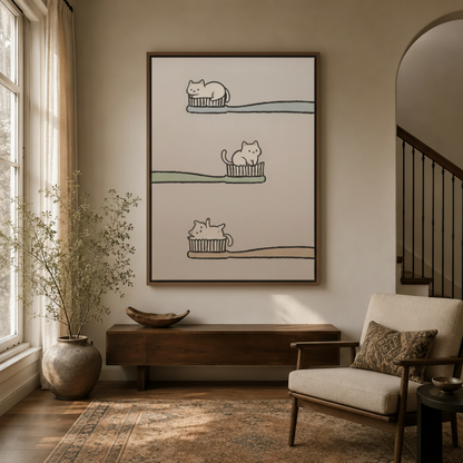 Minimalist cat toothbrush canvas in walnut float frame displayed in bright modern entryway
