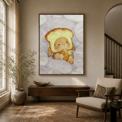 Sleeping bunny bread hat lavender floral canvas in float frame above dark walnut entryway credenza, warm golden tones