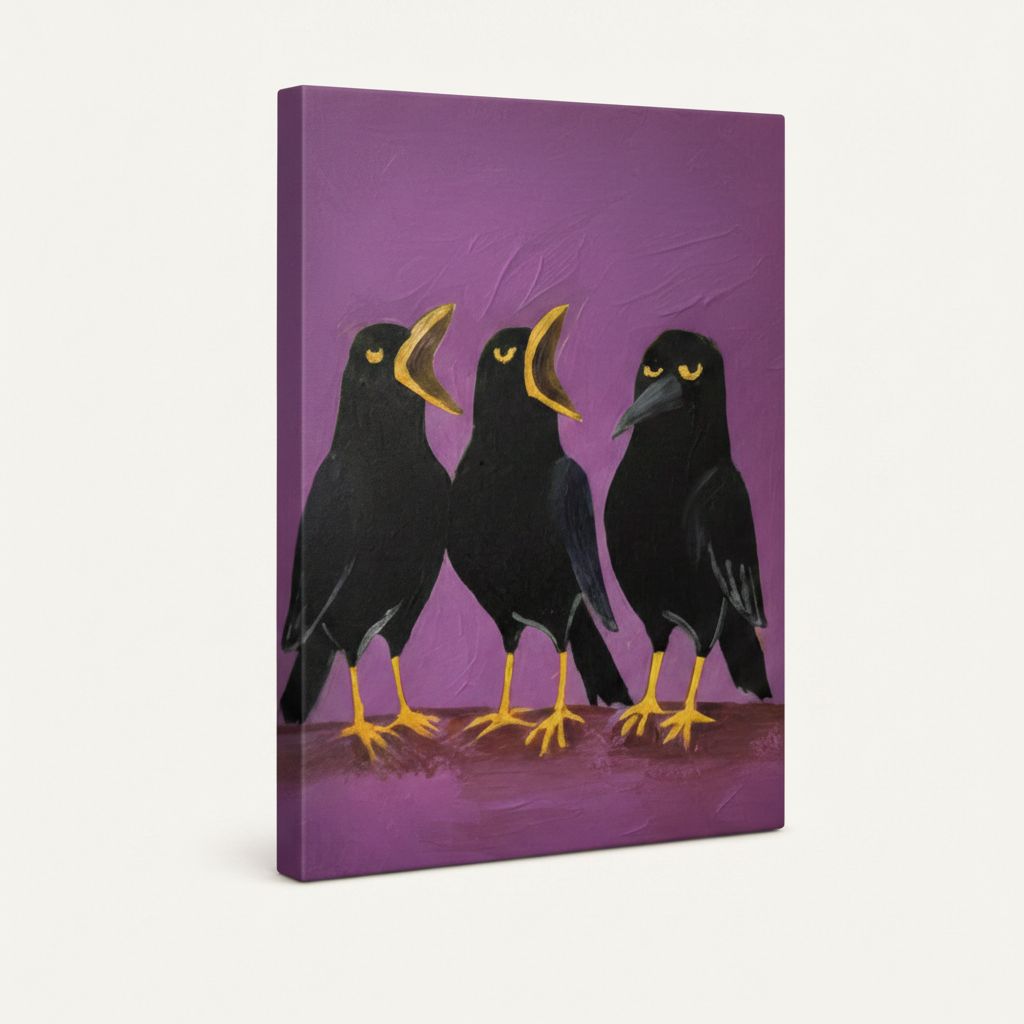 Gallery-wrapped three crows oil painting canvas, violet purple background, frameless angled product shot