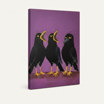 Gallery-wrapped three crows oil painting canvas, violet purple background, frameless angled product shot