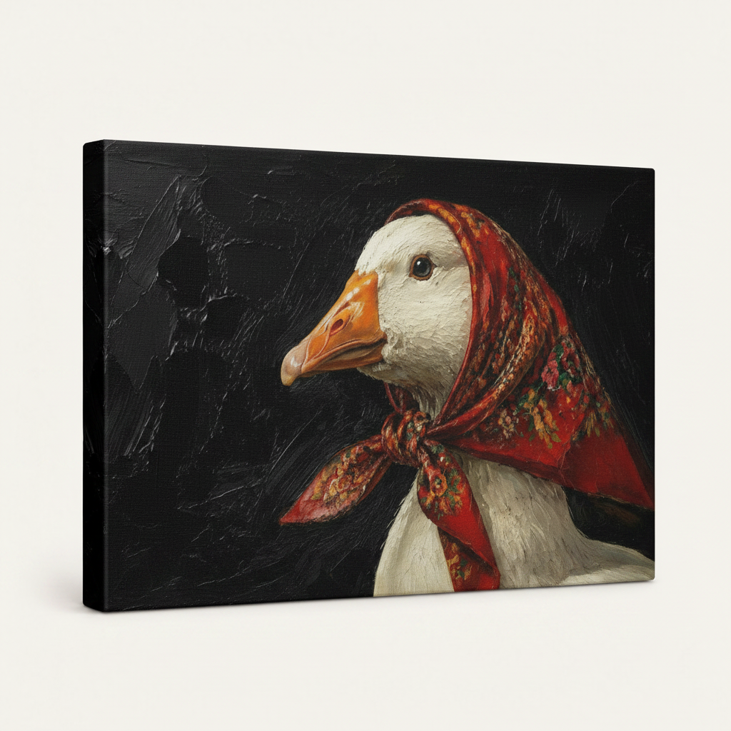 Gallery wrapped goose impasto canvas print left side angle view on white background
