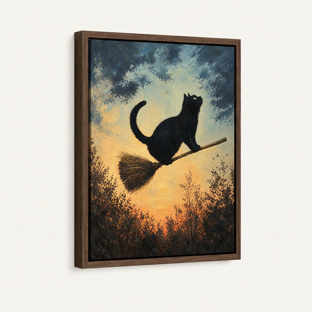 Dark walnut float frame with black cat twilight impasto painting, white background product photo