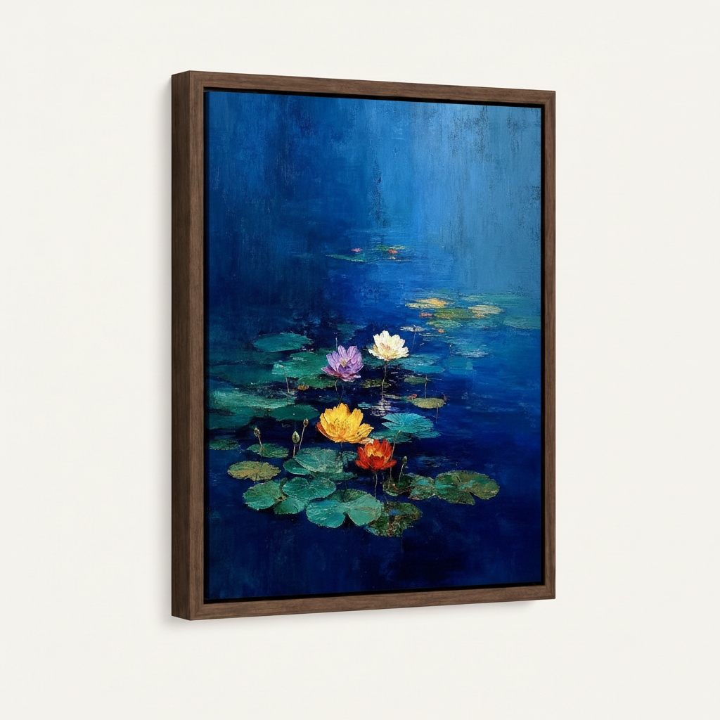 Colorful lotus painting in dark walnut float frame mounted on off-white wall, side angle view