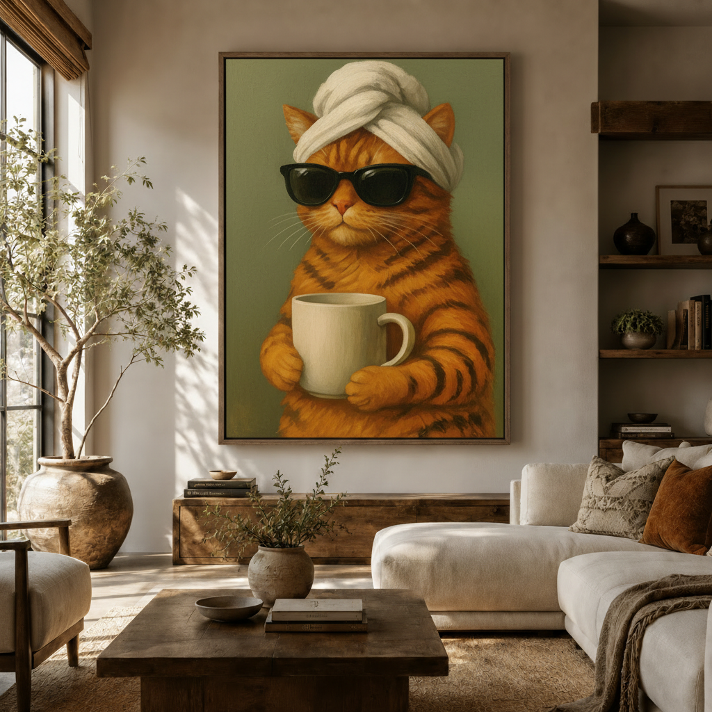 Quirky cat art print in a thin wood float frame hung in a bright modern living room