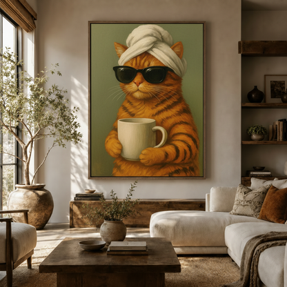 Quirky cat art print in a thin wood float frame hung in a bright modern living room