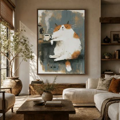 Large chubby cat with coffee cup canvas art in walnut float frame in bright boho living room with olive tree