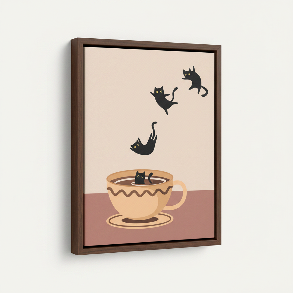 Float frame canvas wall art with black cats falling into coffee cup, dark walnut frame, angled product view