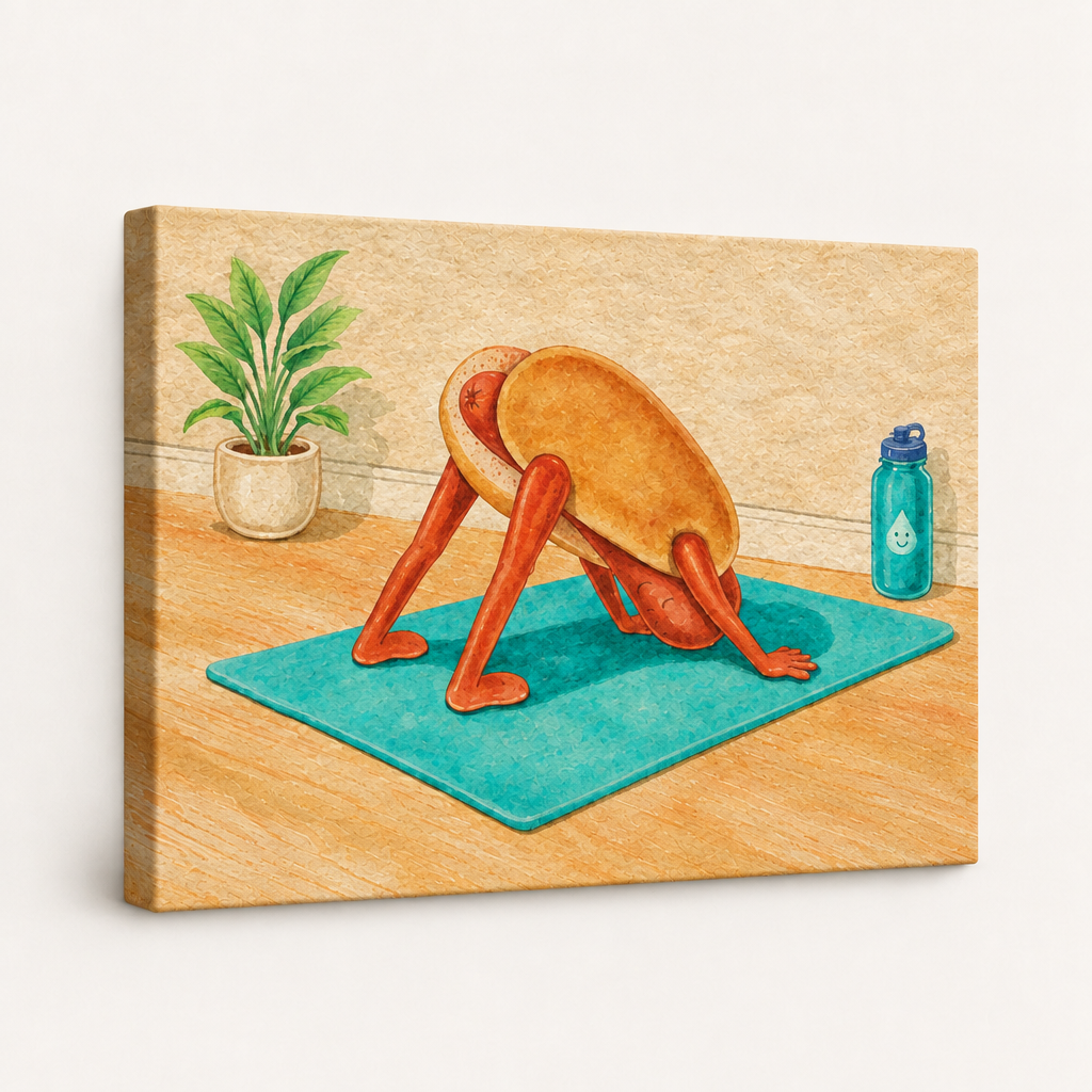 Gallery-wrapped canvas side view of a hot dog yoga watercolor with image continuing over the wrap edges.