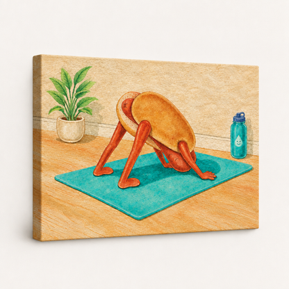 Gallery-wrapped canvas side view of a hot dog yoga watercolor with image continuing over the wrap edges.