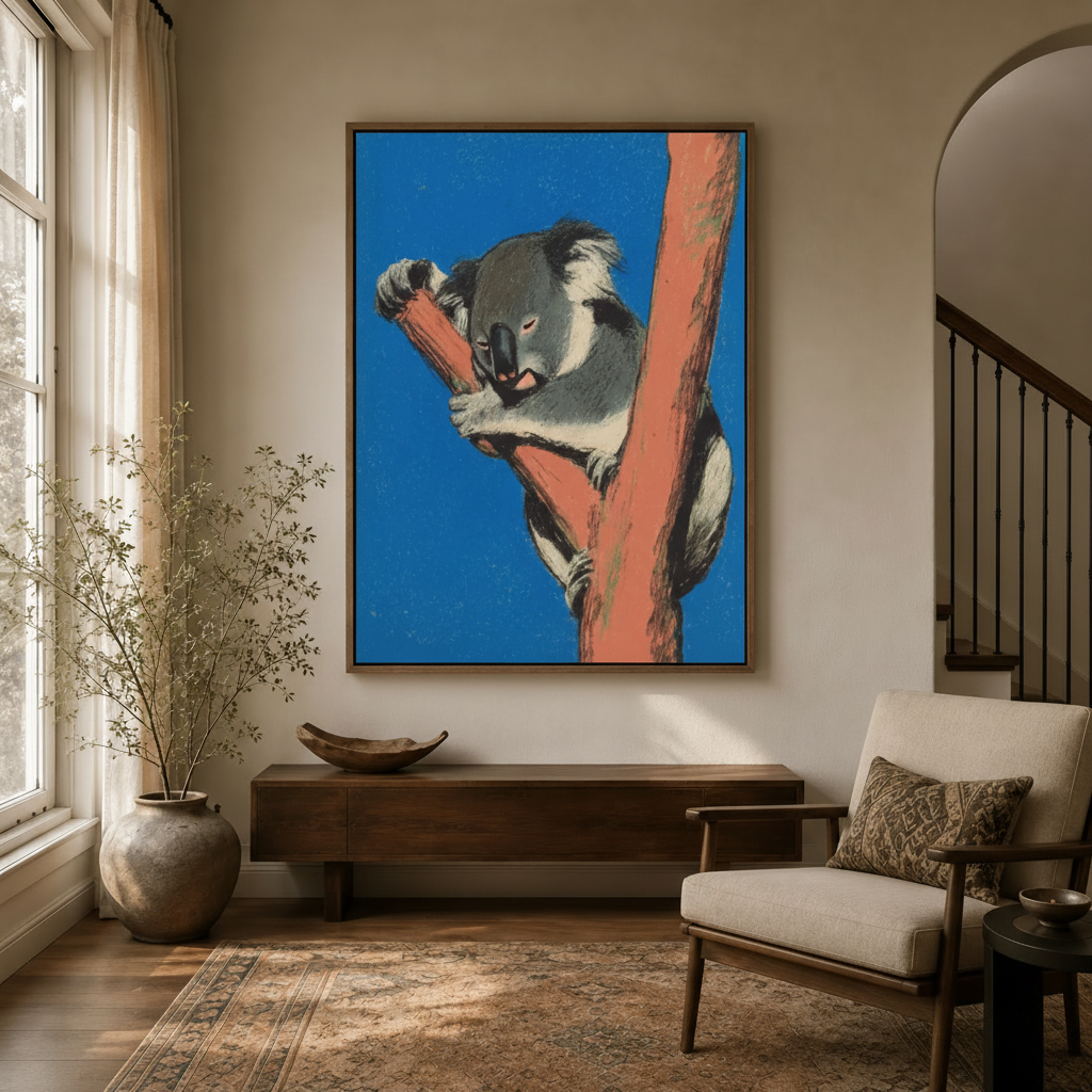 Bold poster-style koala canvas in walnut float frame displayed in bright modern entryway