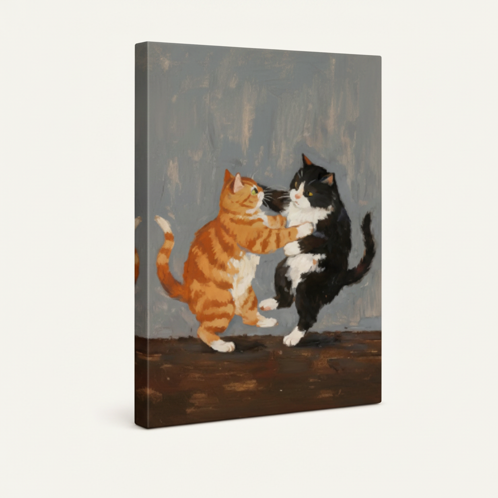 Gallery-wrapped fighting cats canvas showing expressive brushwork and side wrap edges on white background