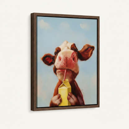 Whimsical cow oil painting in dark walnut float frame shown at left-facing angle on off-white background