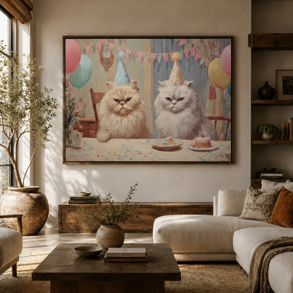 Grumpy Persian cats birthday party canvas wall art above console in bright Japandi living room white sofa