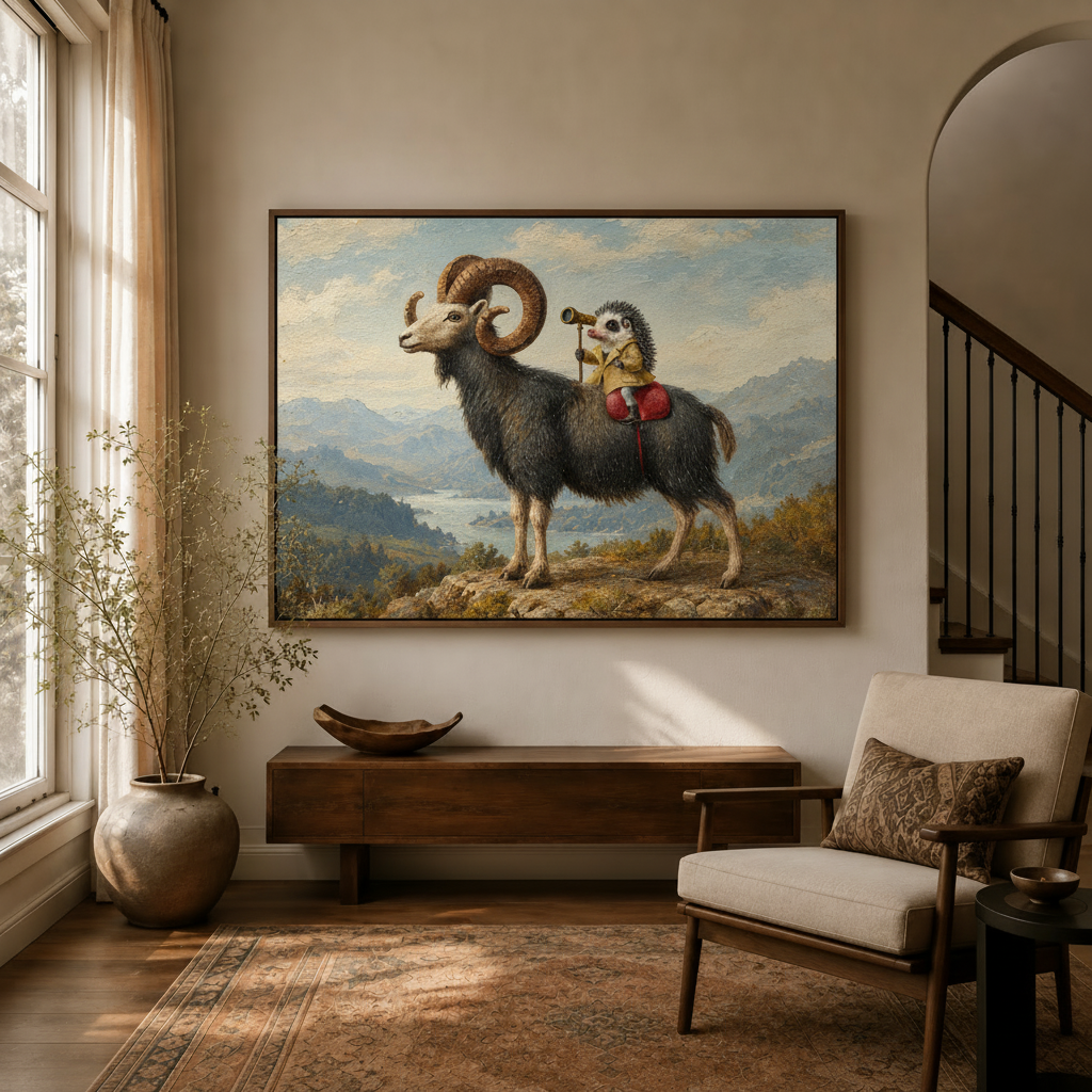 Framed hedgehog explorer riding a ram displayed in a warm living room with natural light