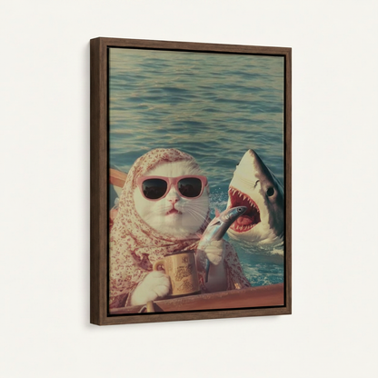 Framed funny cat shark vintage collage canvas shown at 3/4 angle with dark walnut float frame on cream background