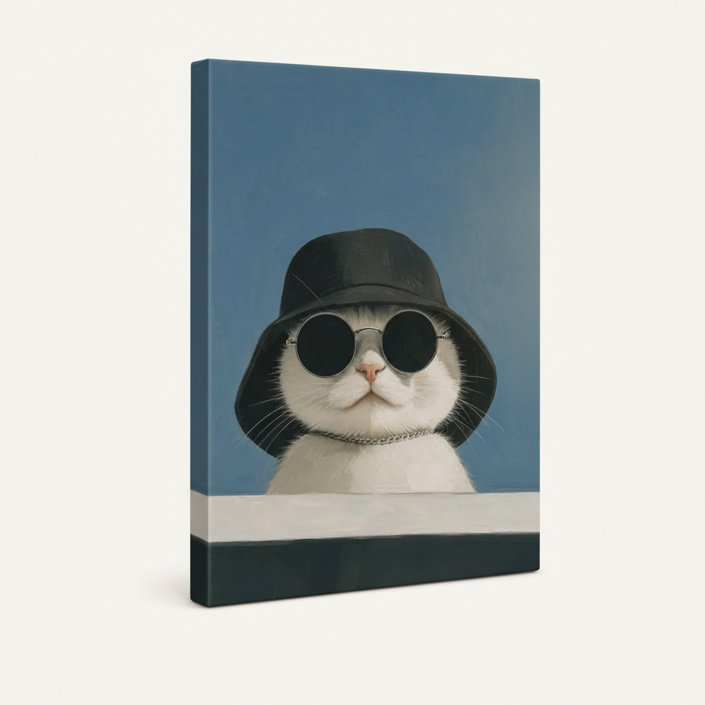 Gallery-wrapped cool cat sunglasses canvas showing sky blue side depth, frameless humorous wall art view