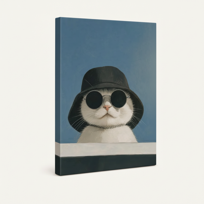 Gallery-wrapped cool cat sunglasses canvas showing sky blue side depth, frameless humorous wall art view